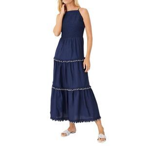 Ann Taylor Navy Smocked Scalloped Tiered Maxi Dress Sleeveless Cotton Blend | M